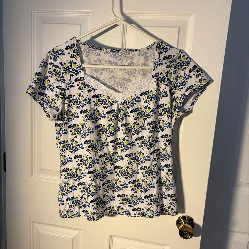 Floral Print Women's Top - White and Blue